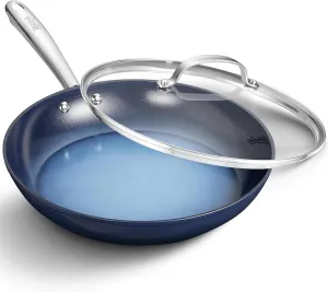 Nonstick Frying Pan 12 Inch with Lid, Ceramic Non Stick Frying pans, Omelet Pan, Even Heating and Less Oil, Suitable for All Stoves, Oven Safe, Gradient Blue