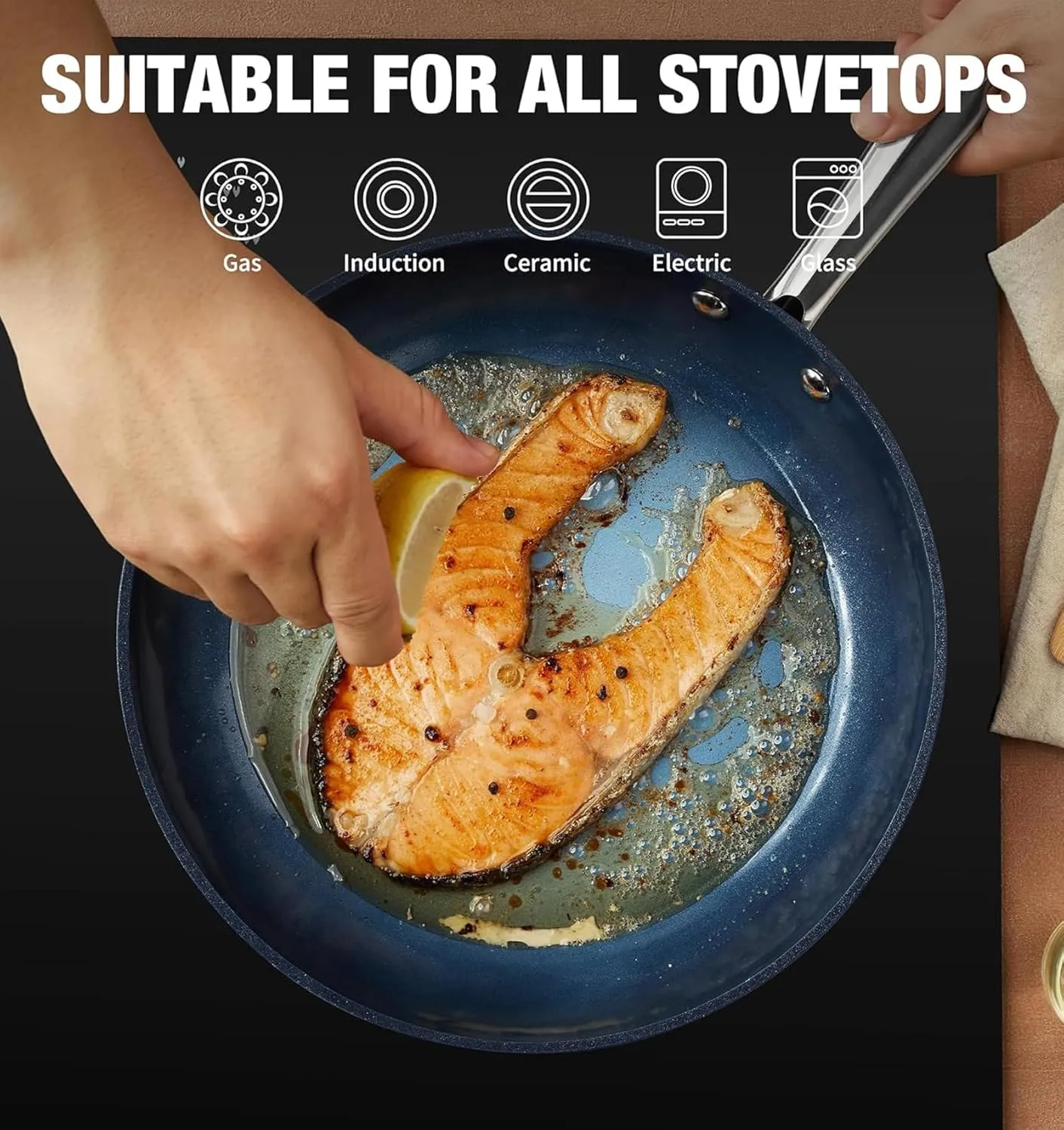 Nonstick Frying Pan 12 Inch with Lid, Ceramic Non Stick Frying pans, Omelet Pan, Even Heating and Less Oil, Suitable for All Stoves, Oven Safe, Gradient Blue