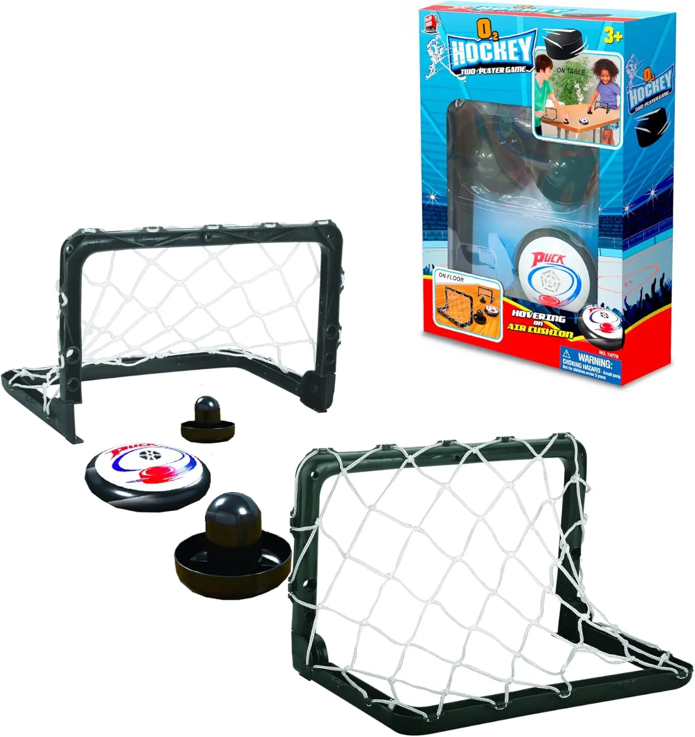O2 Hockey - Table Top Hockey Game Set for Kids & Family. 2 Players Portable & Fast-Paced Fun Sport Game for Ages 3  Boys & Girls. Electronic Air Puck, Strikers & Nets Included.