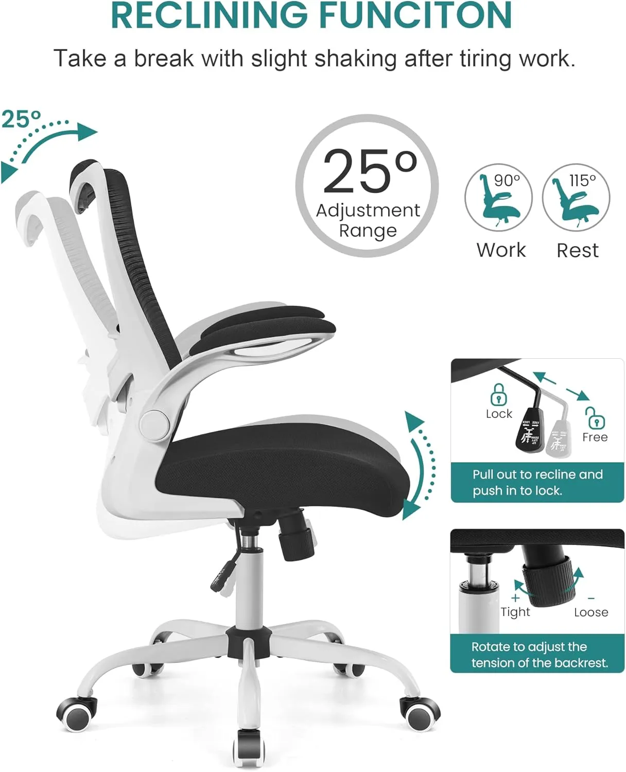 Office Chair, Ergonomic Desk Chair with Adjustable Lumbar Support and Flip up Armrest, Breathable Mesh Computer Chair for Home Office, White