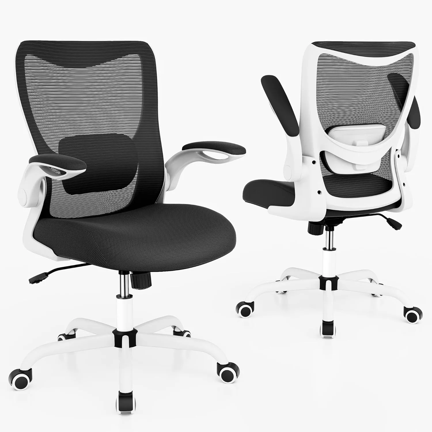 Office Chair, Ergonomic Desk Chair with Adjustable Lumbar Support and Flip up Armrest, Breathable Mesh Computer Chair for Home Office, White