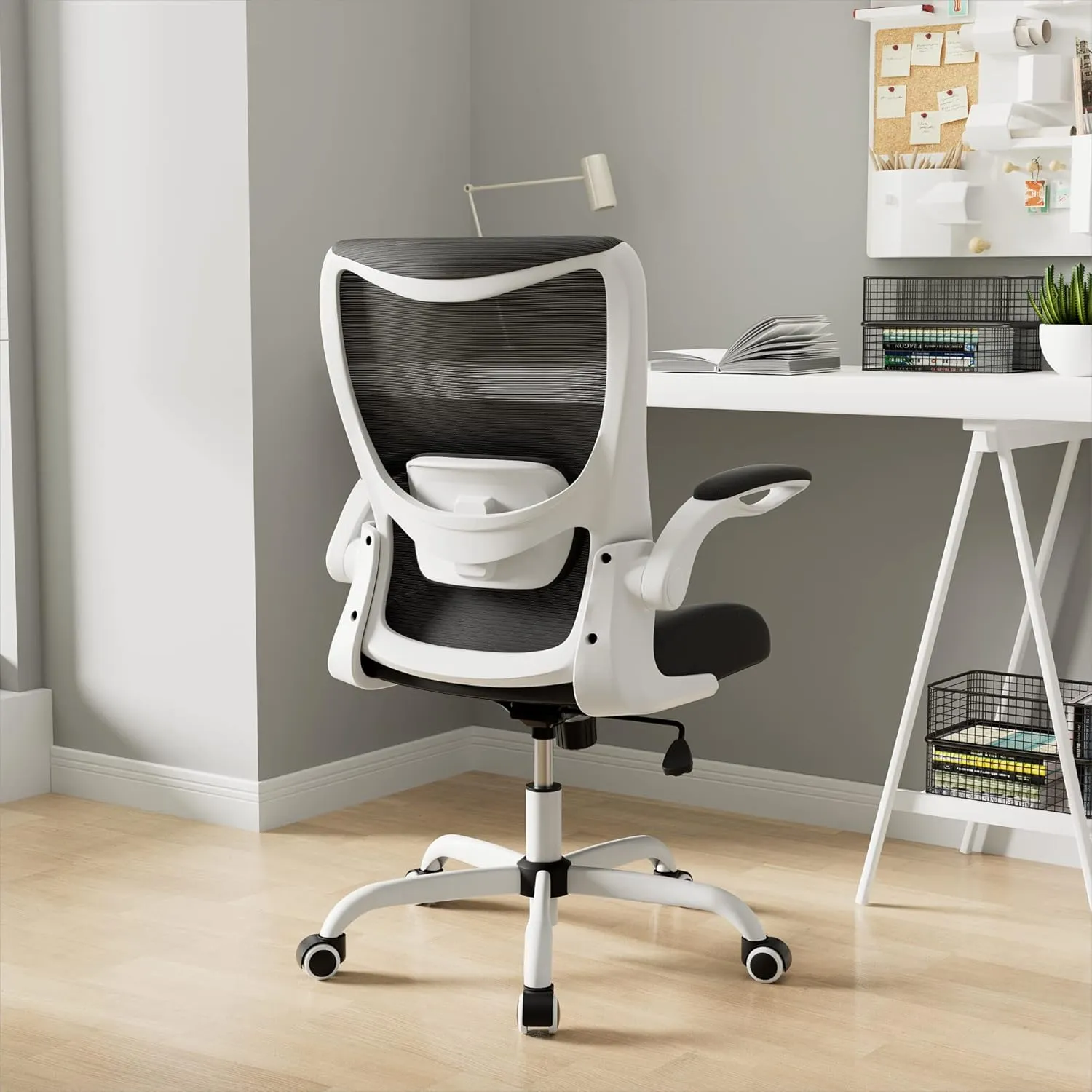 Office Chair, Ergonomic Desk Chair with Adjustable Lumbar Support and Flip up Armrest, Breathable Mesh Computer Chair for Home Office, White