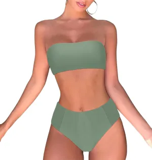 OMKAGI Women's 2 Pieces Bandeau Bikini Swimsuits Off Shoulder High Waist Bathing Suit High Cut