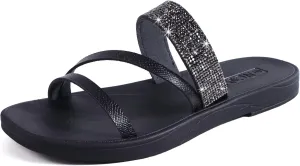 ONCAI Women's Flat Sandals Summer Dressy Casual Sandals Women Fashion Rhinestone Square Toe Slip On Ladies Slides Comfortable Cushion Footbed Beach Flat Sandal For Woman Size 6-11
