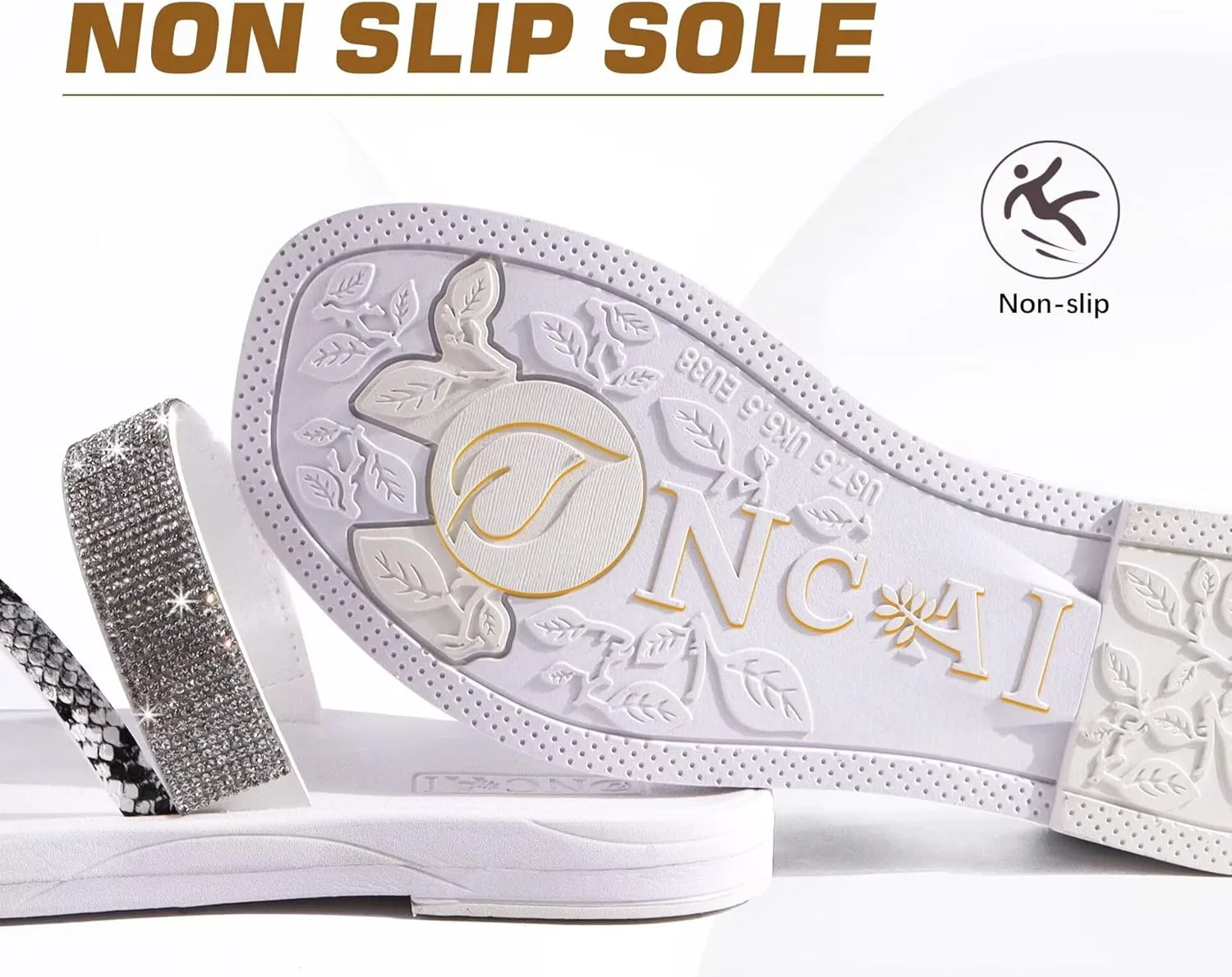 ONCAI Women's Flat Sandals Summer Dressy Casual Sandals Women Fashion Rhinestone Square Toe Slip On Ladies Slides Comfortable Cushion Footbed Beach Flat Sandal For Woman Size 6-11