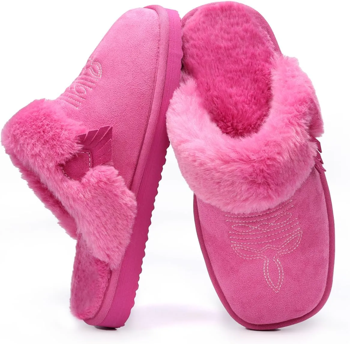 OOW Fuzzy House Slippers for Women with Memory Foam Comfy Bedroom Fluffy Western Cowgirl Boot Slippers Indoor Outdoor Square Toe