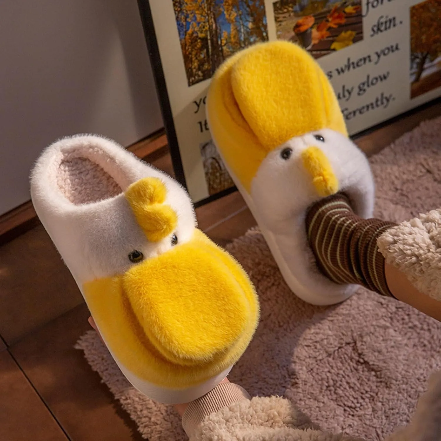 Open Mouth Duck Slippers for Women Fuzzy Animal Plush Cotton Slippers Winter Indoor House Slides Warm Fluffy Home Shoes Antiskid