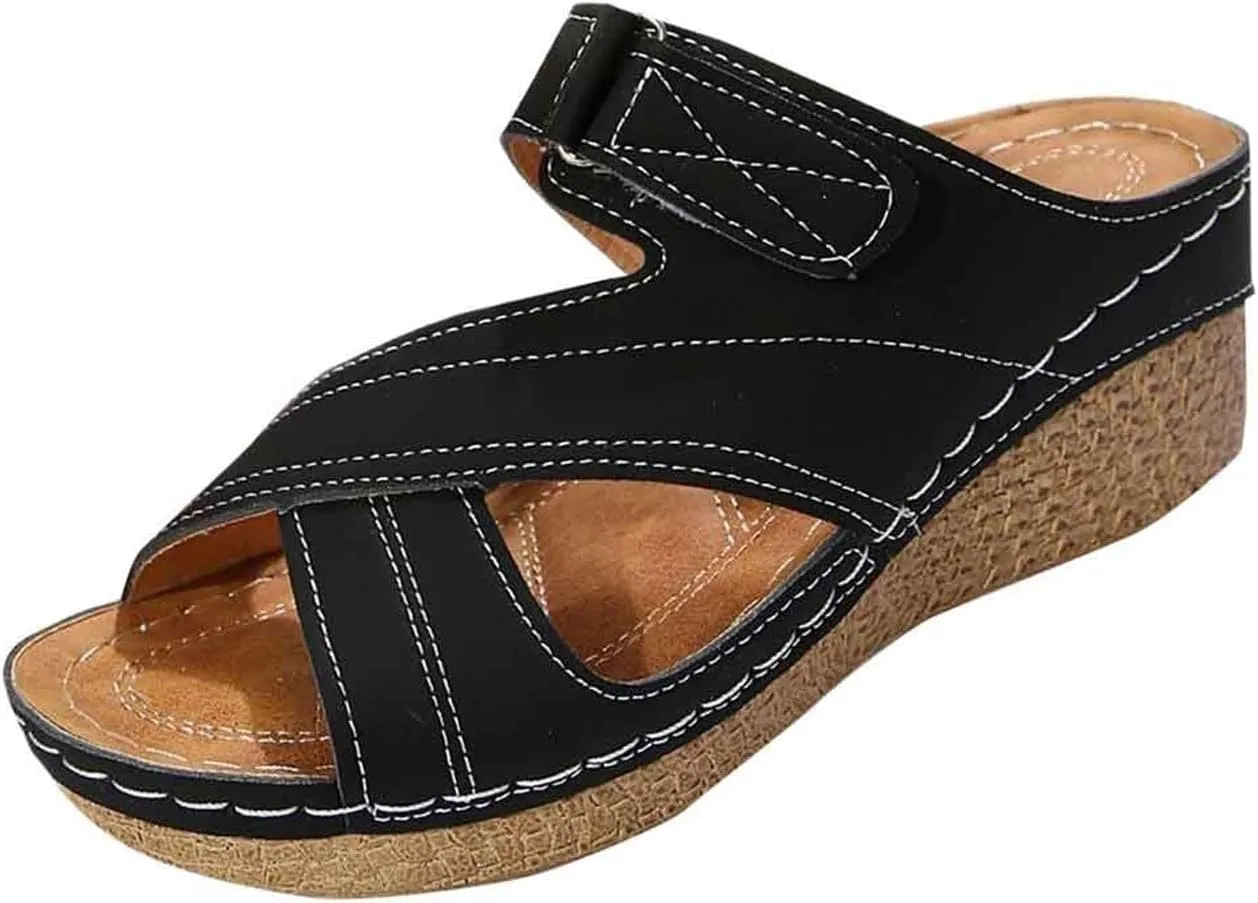Orthopedic Wedge Sandals for Women Summer Dressy 2025 Womens Comfort Wedge Slide Sandals Open Toe Low Heel Non Slip Beach Slippers with Adjustable Hook and Loop Orthotic Fashion Sandal Footwear