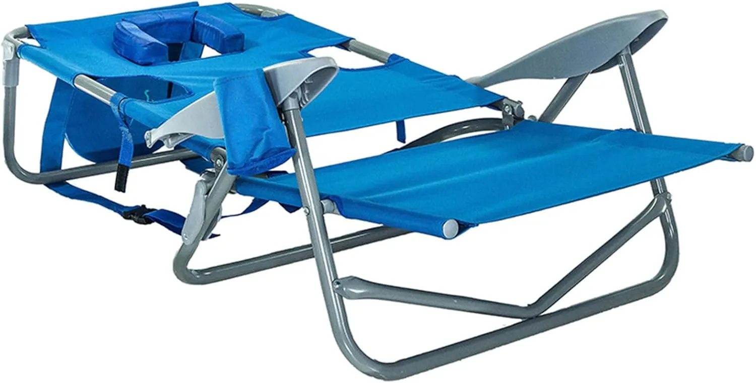 Ostrich On Your Back Backpack Beach Chair with Face Hole - Adjustable, Portable Lounge Chair with Cup Holder, Face Opening - Heavy Duty, Lay Flat Tanning Chair for Face Down Reading For Adults (Blue)