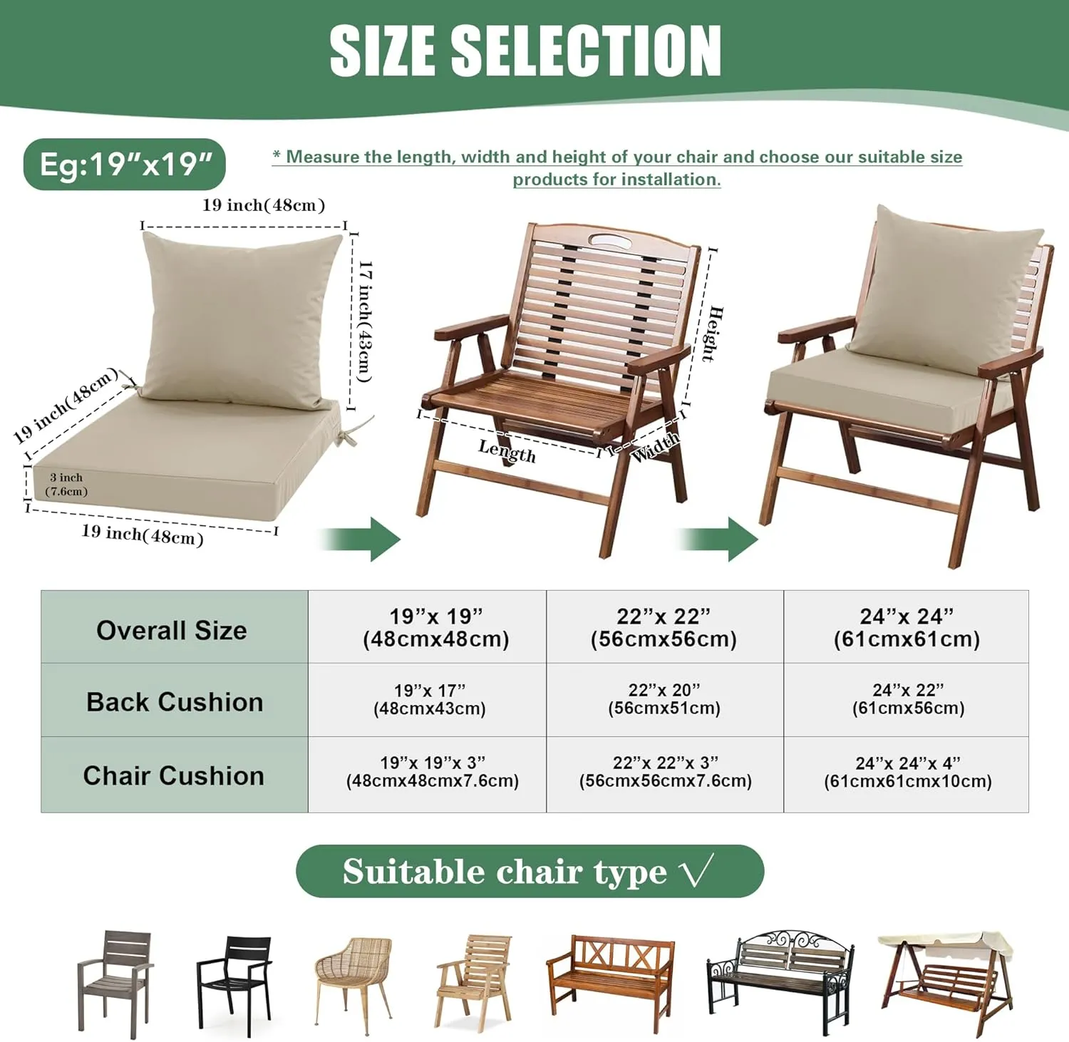 Outdoor Chair Cushion Weather Resistant, Backrest and Seat Cushion Set for Patio Furniture with Waterproof Removable Cover, 19 x 19 Inch, Cream, Set of 4
