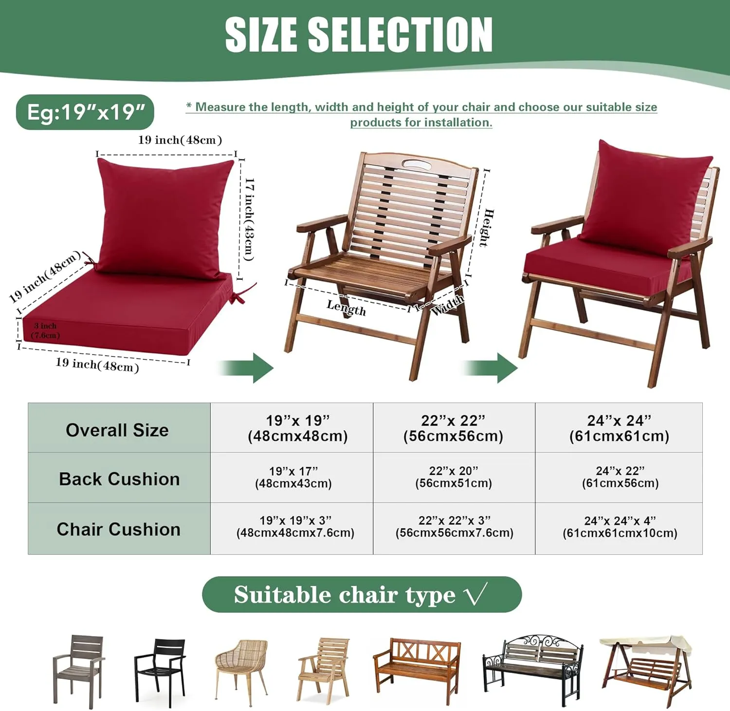 Outdoor Chair Cushions, Waterproof Back Pillow and Seat Cushion Set for Patio Furniture, Outdoor Sofa Replacement Cushions with Removable Cover, 22 x 22 Inch, Red, 1 Set