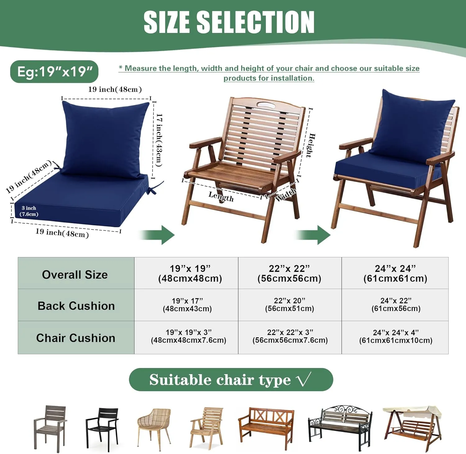 Outdoor Cushions for Patio Furniture 24 x 24 Inch, Double-Sided Waterproof Backrest and Deep Seat Cushion Set with Removable Cover, Navy, Set of 4