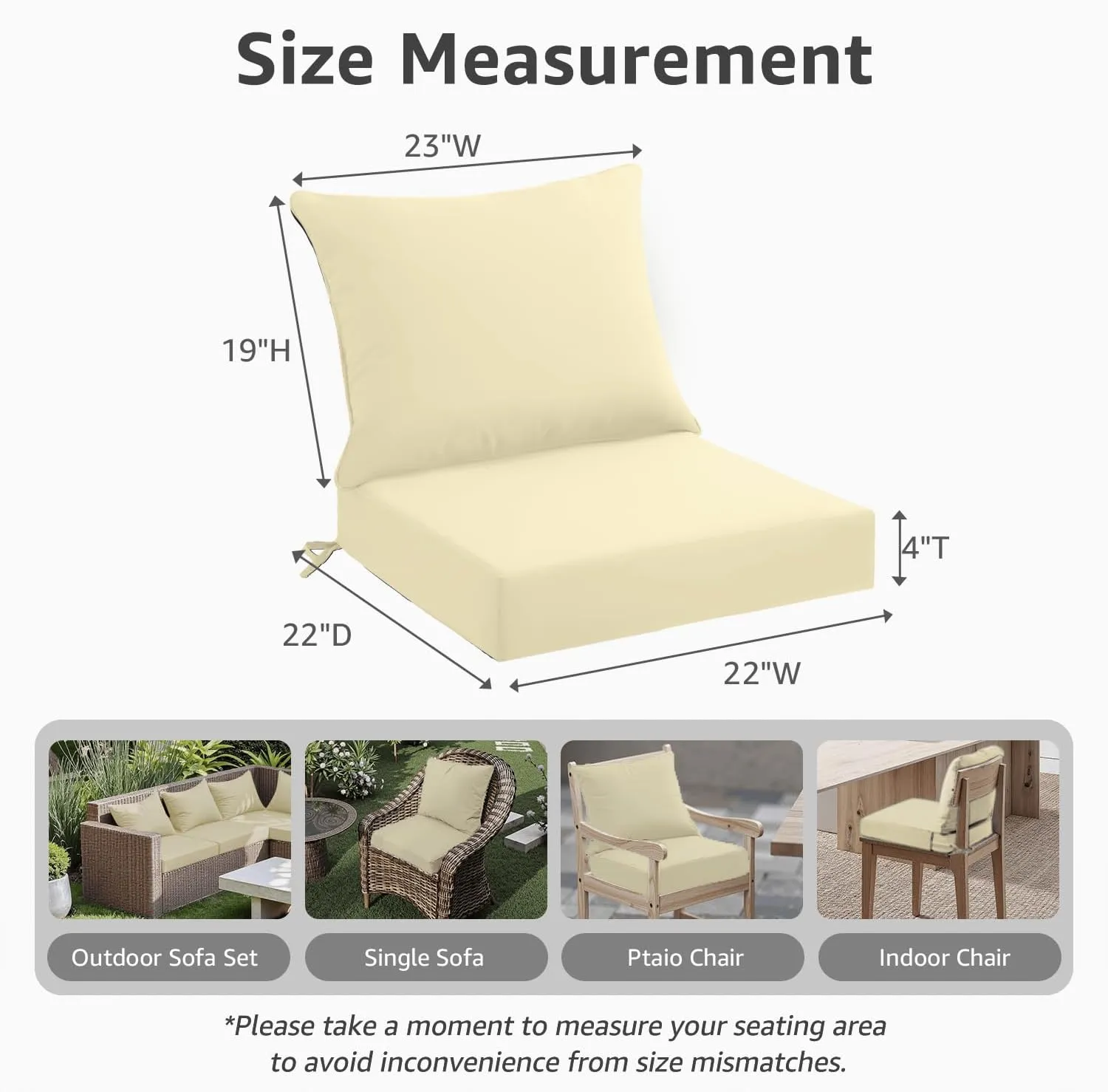 Outdoor Seat Cushion Set 22 x 22 x 4 Inch, Waterproof & Fade Resistant Patio Furniture Cushions with Removable Cover and Ties, Thick Deep Seating Pads for Outside Chair Sofa Couch, Yellow