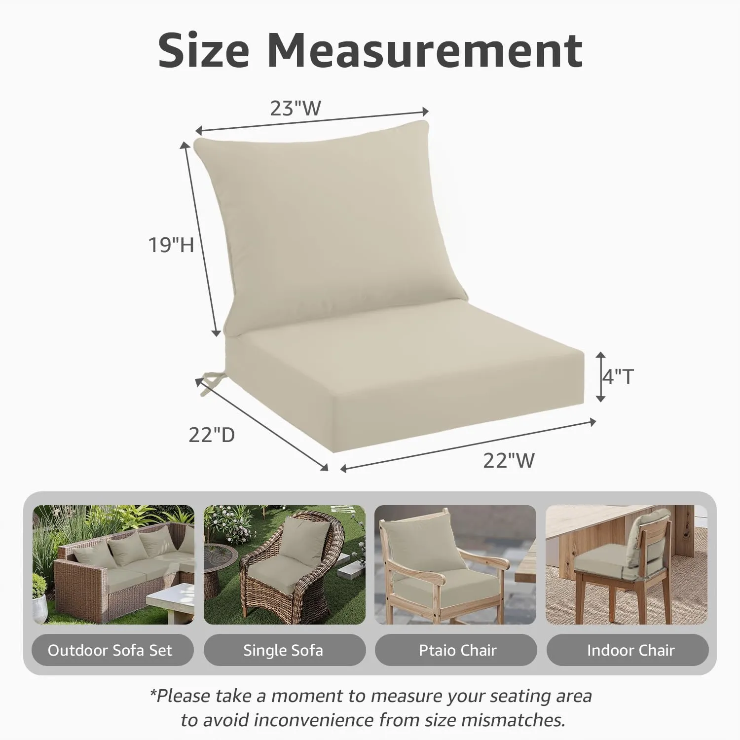 Outdoor Seat Cushion Set 22 x 22 x 4 Inch, Waterproof & Fade Resistant Patio Furniture Cushions with Removable Cover, Thick Deep Seating Pads for Outside Chair Sofa Couch