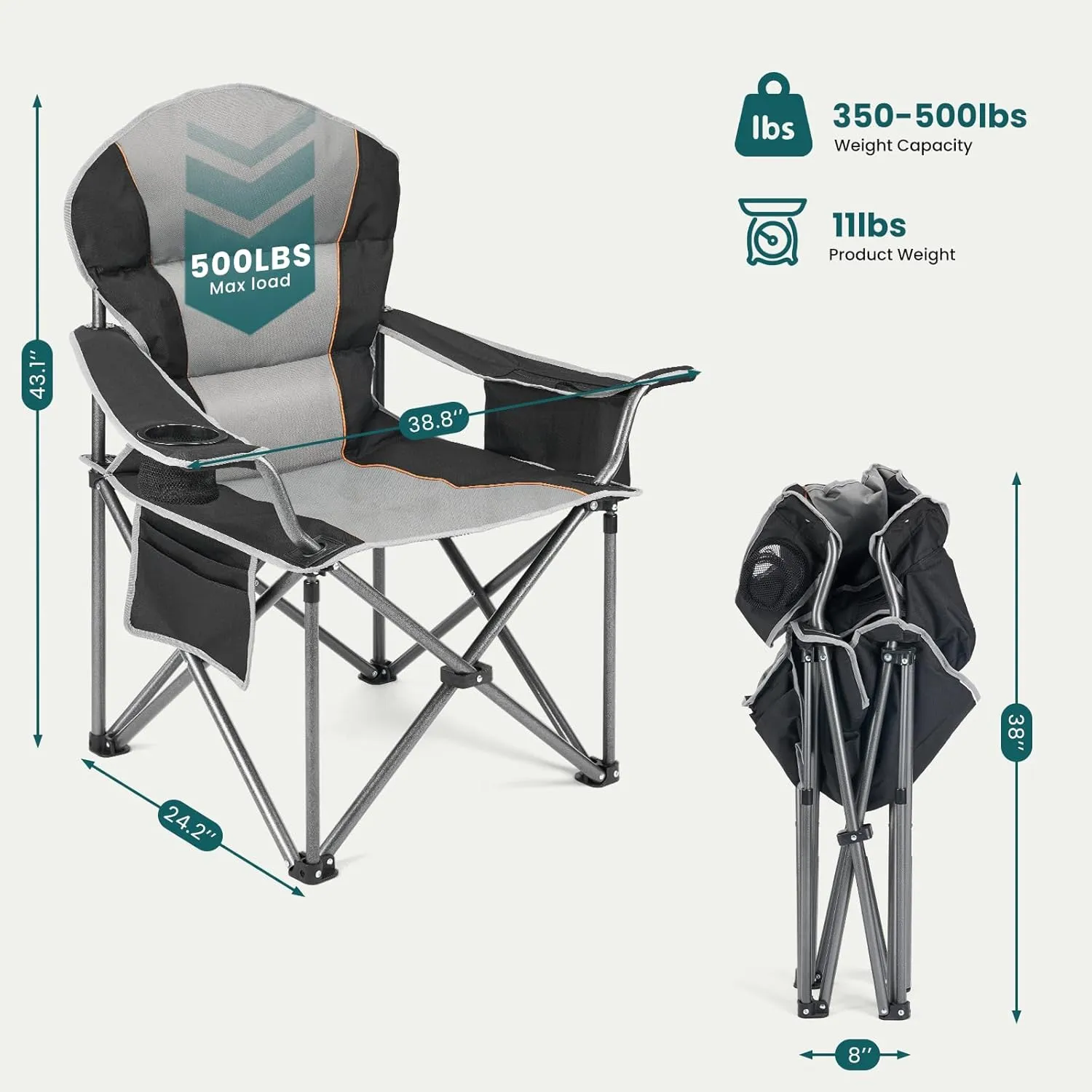 Oversized Camping Chair with Padded Armrest, Lumbar Support, Steel Frame, Includes Cooler Bag, Storage Netting Cup Holder, Holds Up to 500 Pounds, Folding Chairs for Outside