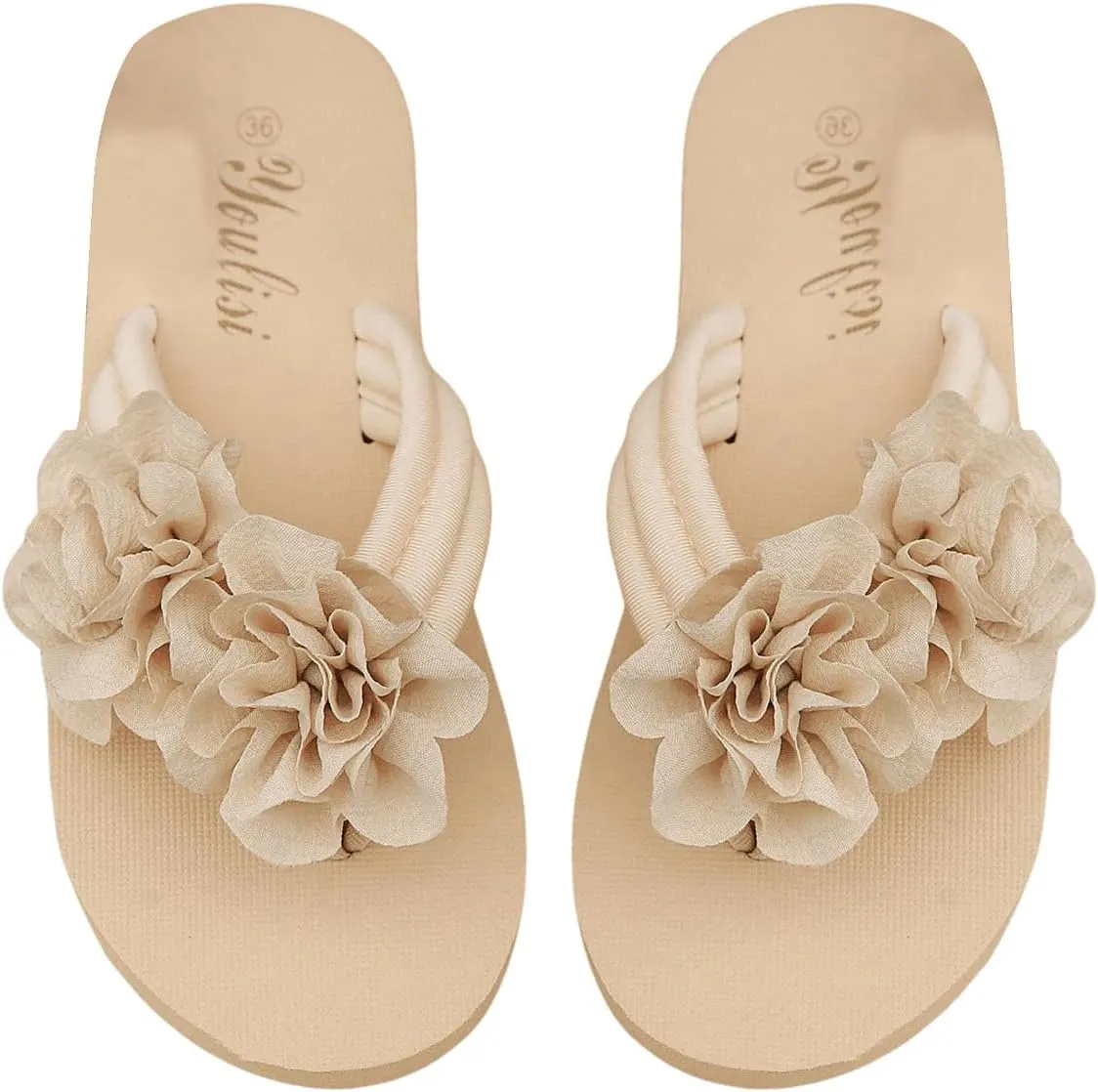 OYOANGLE Women's Flower Appliques Flip Flops Open Toe Non-slip Slide On Thong Sandals Comfy Flat Beach Slippers