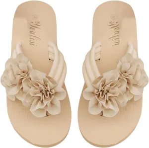 OYOANGLE Women's Flower Appliques Flip Flops Open Toe Non-slip Slide On Thong Sandals Comfy Flat Beach Slippers