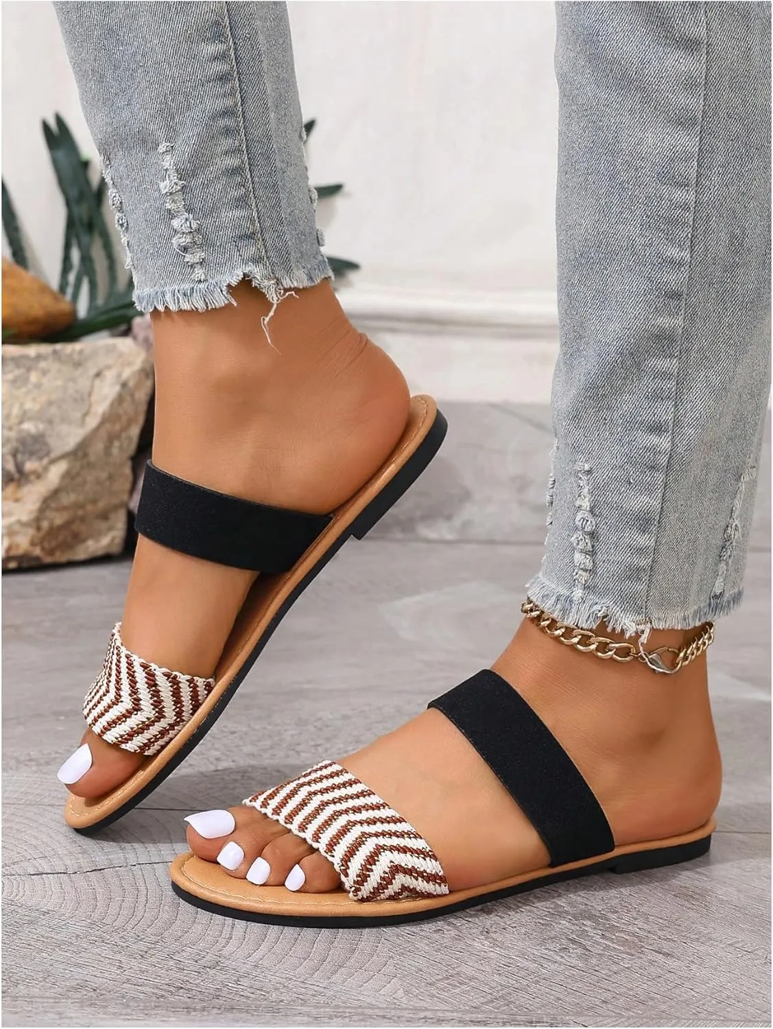 OYOANGLE Women's Open Toe Double Bands Sandals Casual Leather Slip On Flat Slippers