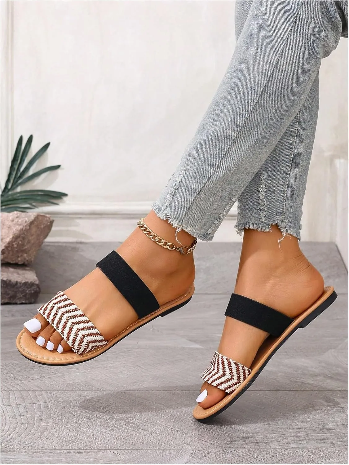 OYOANGLE Women's Open Toe Double Bands Sandals Casual Leather Slip On Flat Slippers