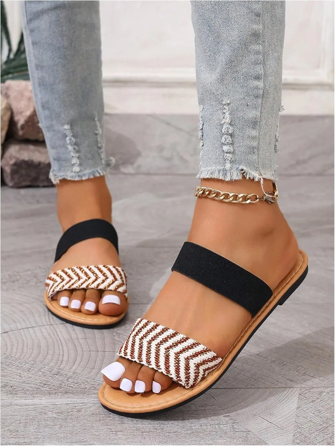 OYOANGLE Women's Open Toe Double Bands Sandals Casual Leather Slip On Flat Slippers