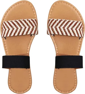 OYOANGLE Women's Open Toe Double Bands Sandals Casual Leather Slip On Flat Slippers