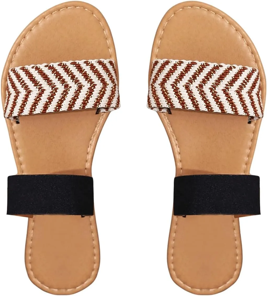 OYOANGLE Women's Open Toe Double Bands Sandals Casual Leather Slip On Flat Slippers