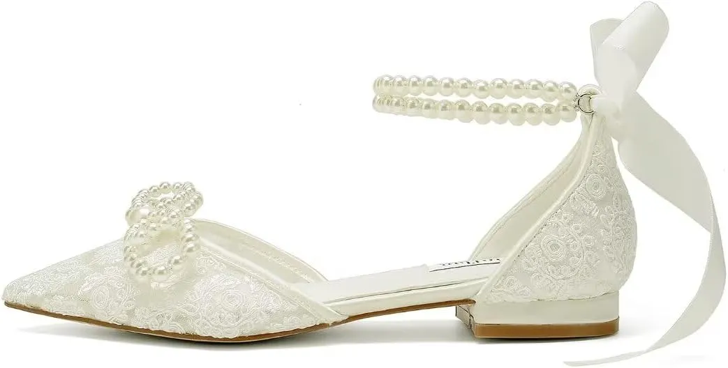 Pearl Wedding Shoes for Bride Flat Lace Bride Shoes Pointed Toe Bridal Flats