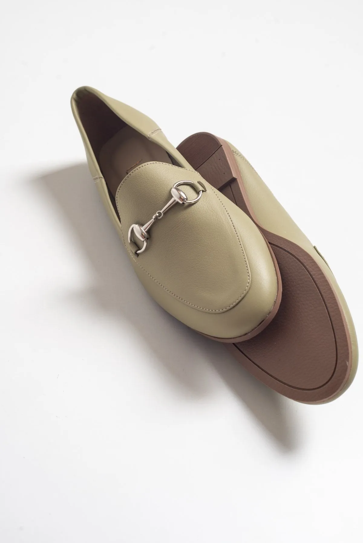 Penny - Olive Green Leather Horsebit Loafers