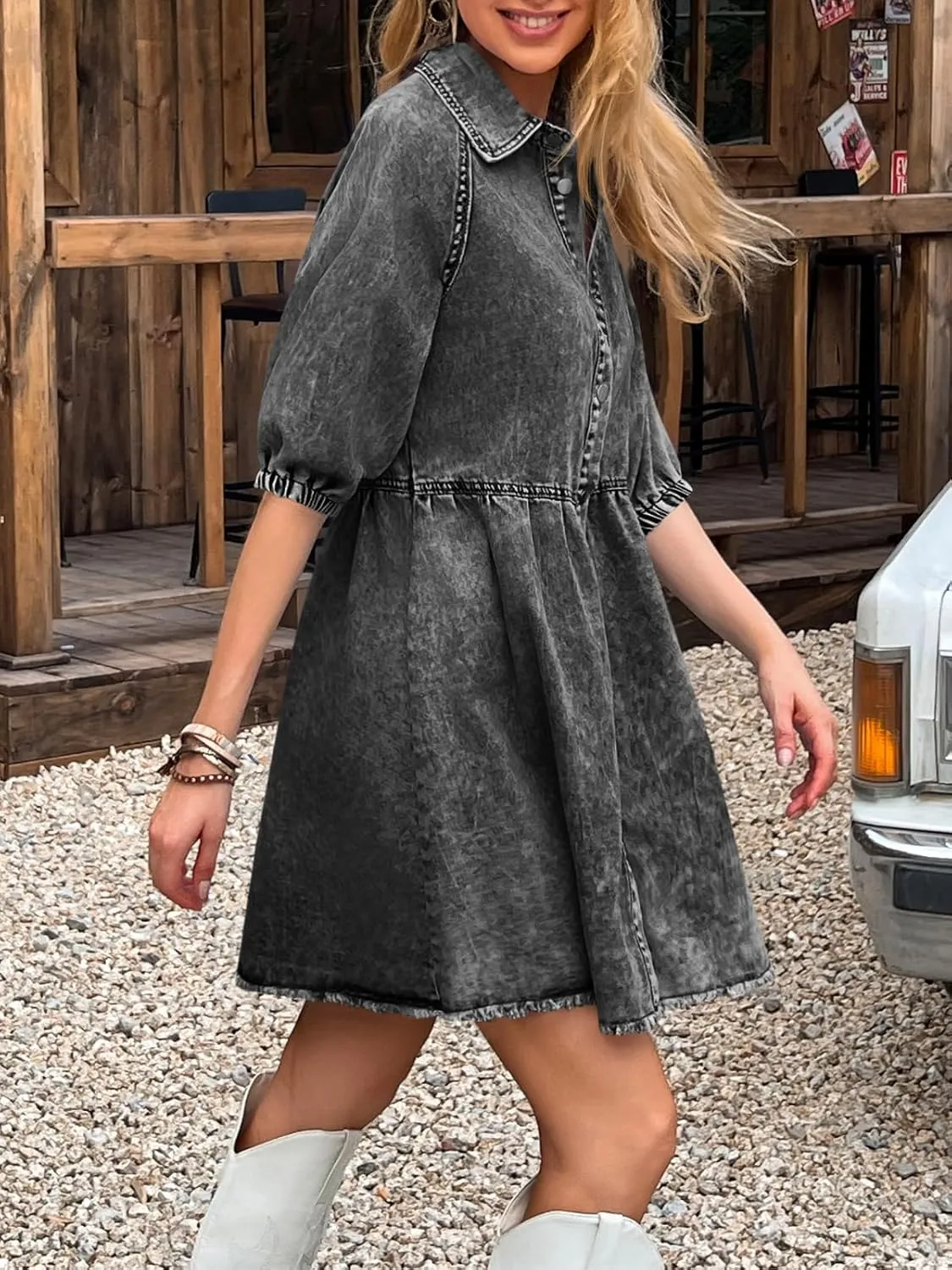 Pepochic Womens Summer Denim Dress Button Down Short Sleeve Babydoll Dress Puff Sleeve Flowy Jean Dress