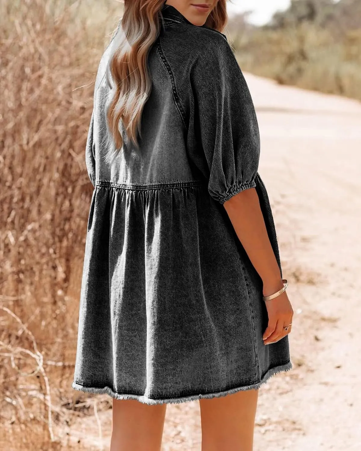 Pepochic Womens Summer Denim Dress Button Down Short Sleeve Babydoll Dress Puff Sleeve Flowy Jean Dress