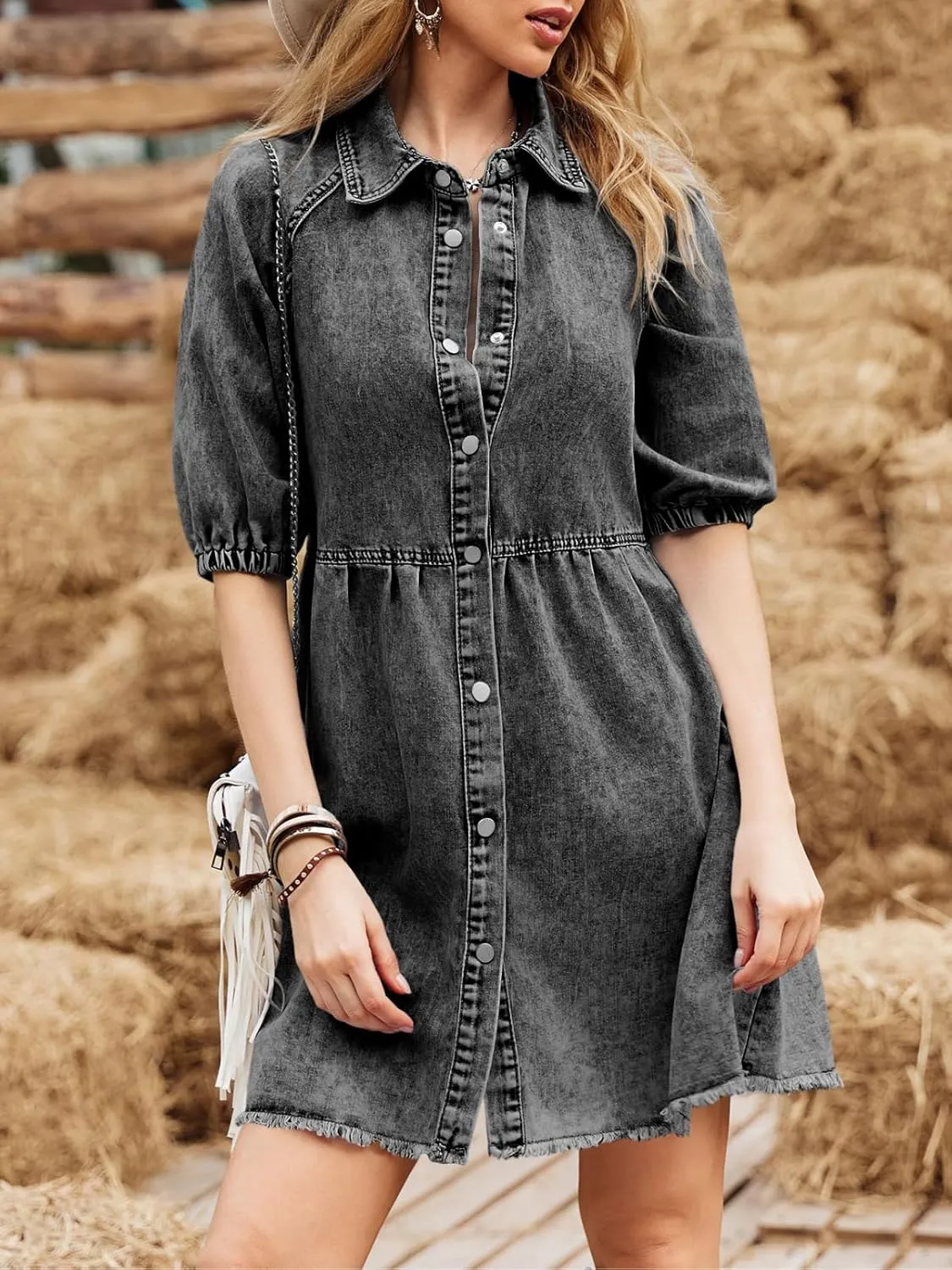 Pepochic Womens Summer Denim Dress Button Down Short Sleeve Babydoll Dress Puff Sleeve Flowy Jean Dress