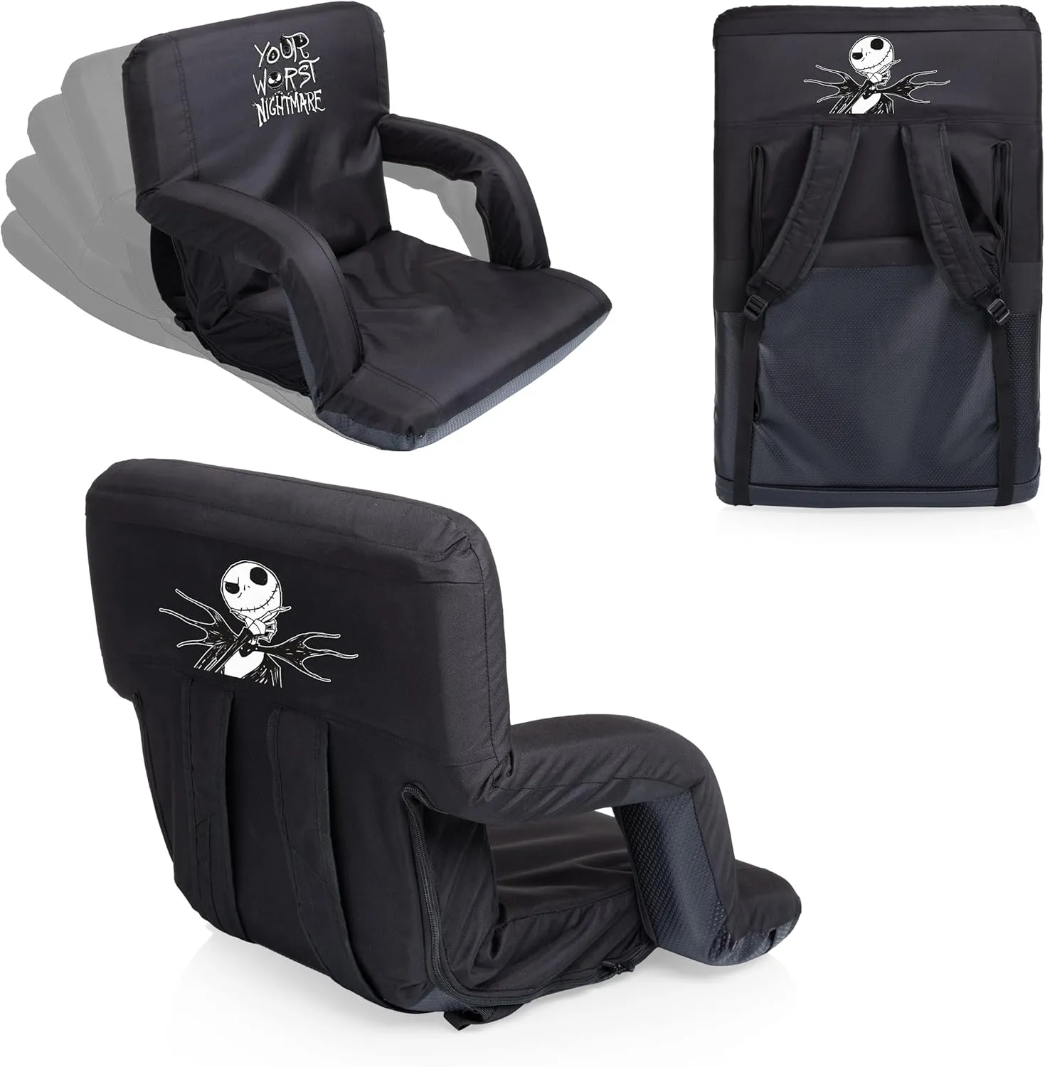 PICNIC TIME Ventura Reclining Stadium Back Support, Bleacher Seat, Beach Floor Chair, (Disney Nightmare Before Christmas Jack-Black)