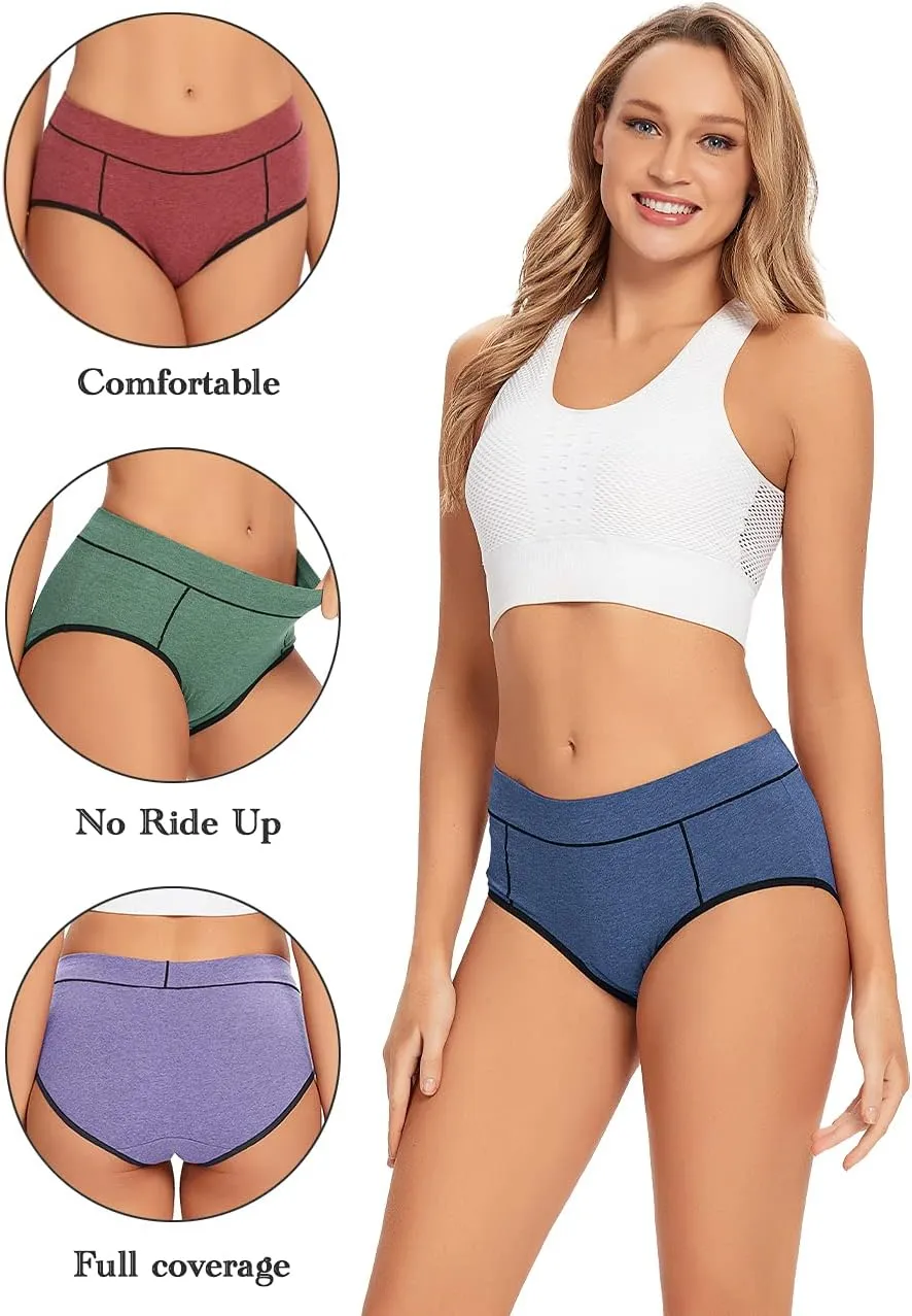 POKARLA Women's Cotton Stretch Underwear Ladies Mid-high Waisted Briefs Panties 5-Pack