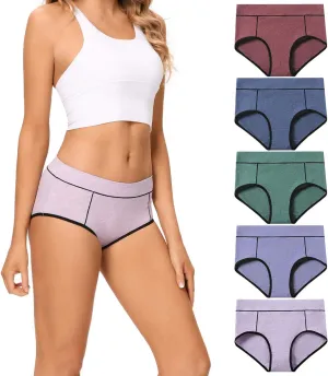 POKARLA Women's Cotton Stretch Underwear Ladies Mid-high Waisted Briefs Panties 5-Pack