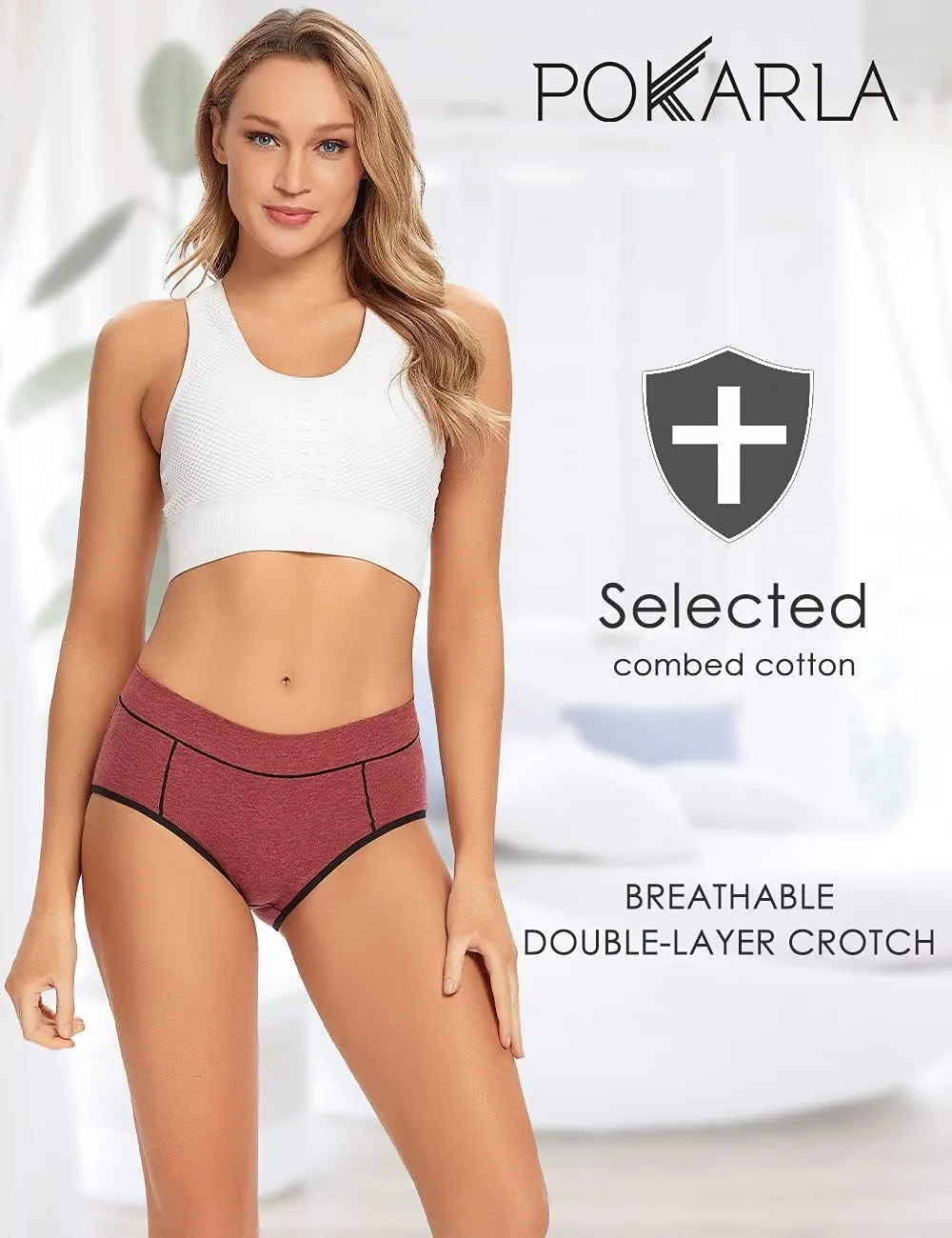 POKARLA Women's Cotton Stretch Underwear Ladies Mid-high Waisted Briefs Panties 5-Pack