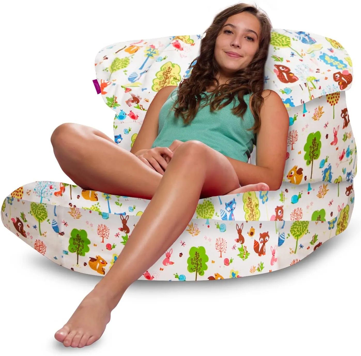 Posh Creations Structured Comfy Bean Bag Chair for Gaming, Reading, and Watching TV, Laguna Lounger, Canvas - Forest Critters on White