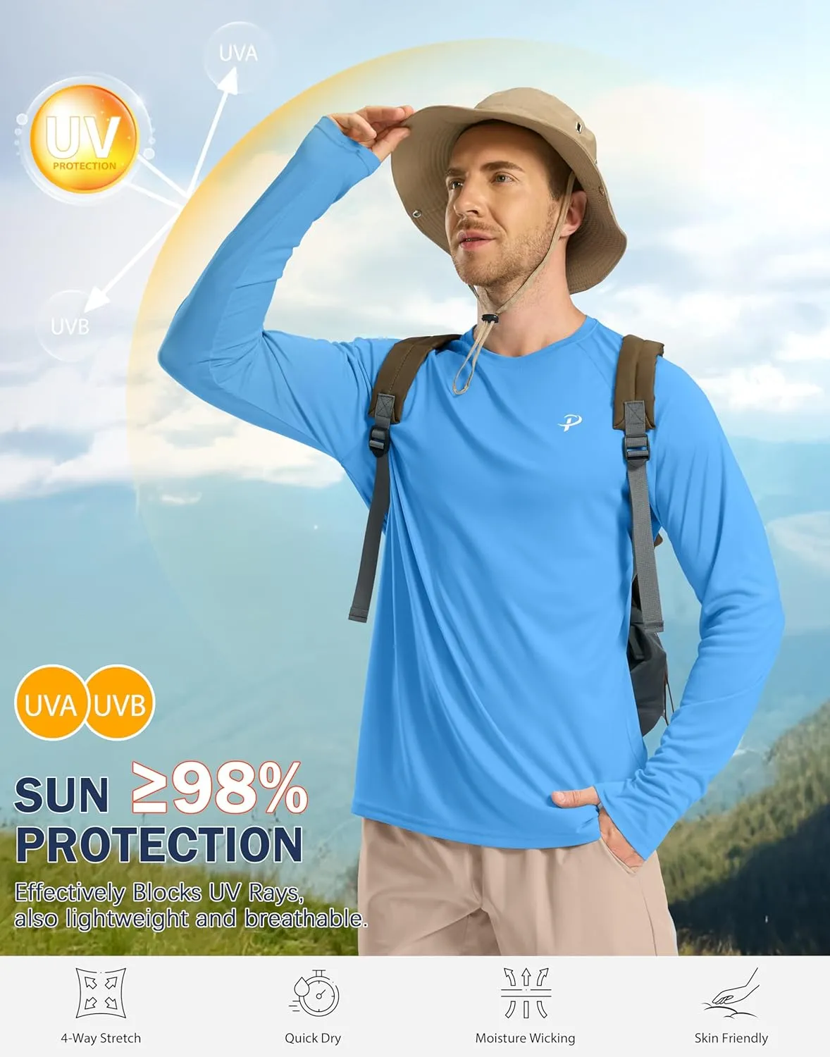 Pudolla Men's Sun Protection Shirts UV SPF UPF 50  Rash Guard Long Sleeve Lightweight Quick Dry Brethable Swimming Fishing