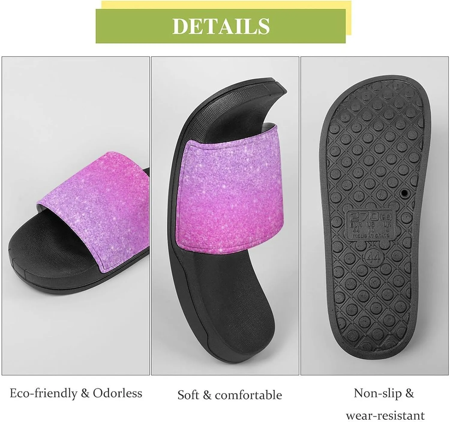 Purple Pink Girly Chic Glitter Ombre Womens Slide Sandals Non Slip Summer House Slippers for Girls Slip-on Flip Flops
