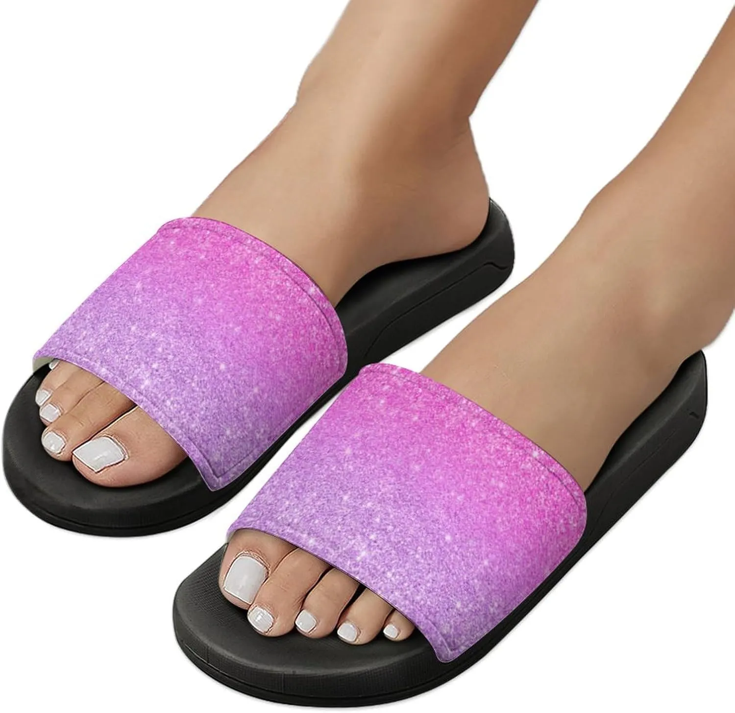 Purple Pink Girly Chic Glitter Ombre Womens Slide Sandals Non Slip Summer House Slippers for Girls Slip-on Flip Flops