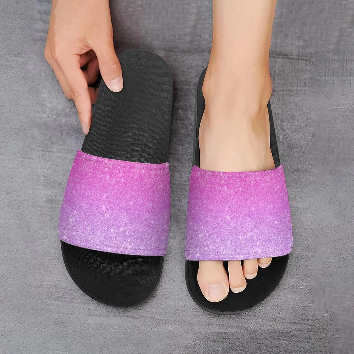 Purple Pink Girly Chic Glitter Ombre Womens Slide Sandals Non Slip Summer House Slippers for Girls Slip-on Flip Flops