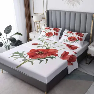 Red Poppy Sheets California King Size Sheet Set, Floral Printed Bed Sheets 4 Piece, Popies Flower Pattern Bedding Sheets & Pillowcases, 14 Inch Deep Pocket, Super Soft Microfiber