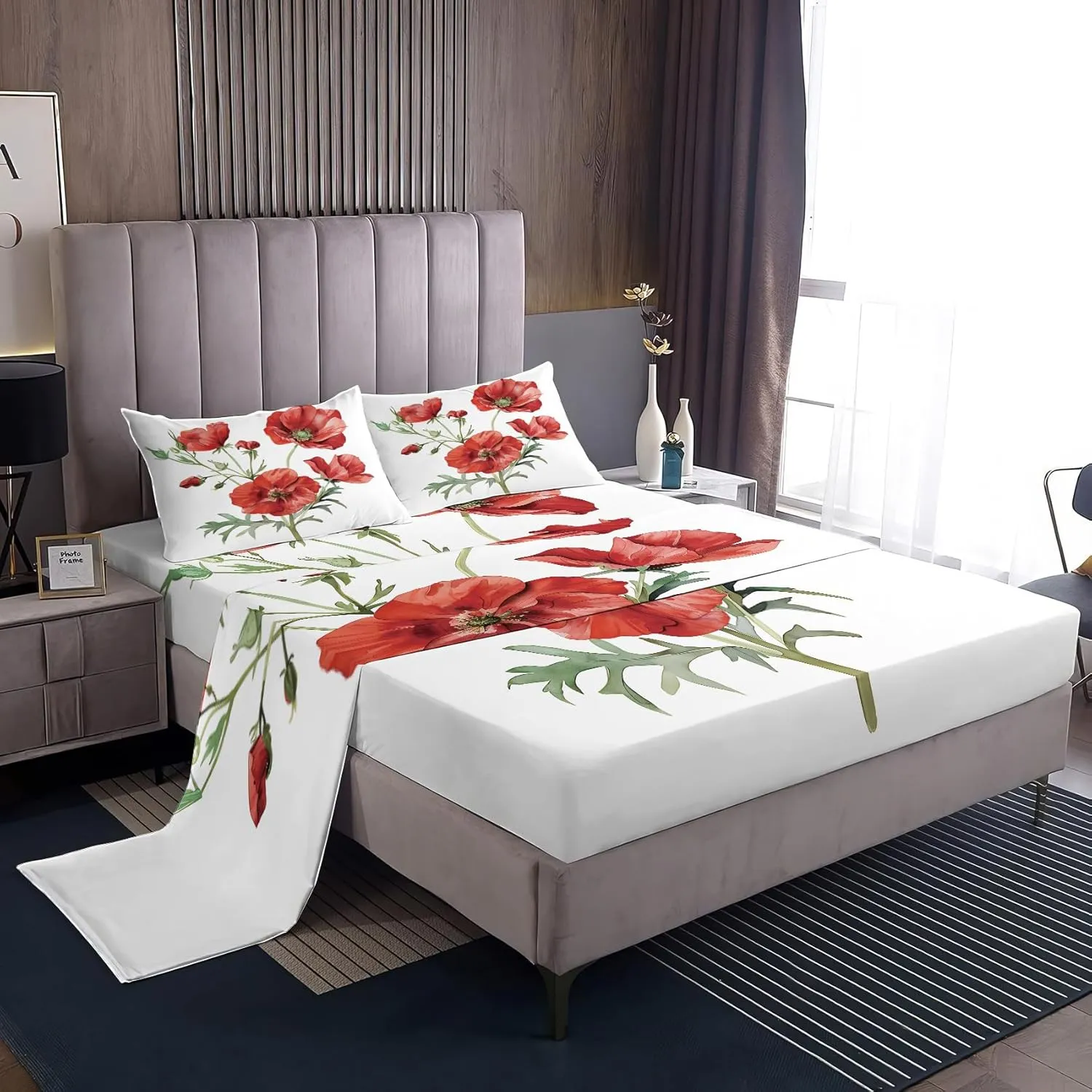 Red Poppy Sheets California King Size Sheet Set, Floral Printed Bed Sheets 4 Piece, Popies Flower Pattern Bedding Sheets & Pillowcases, 14 Inch Deep Pocket, Super Soft Microfiber