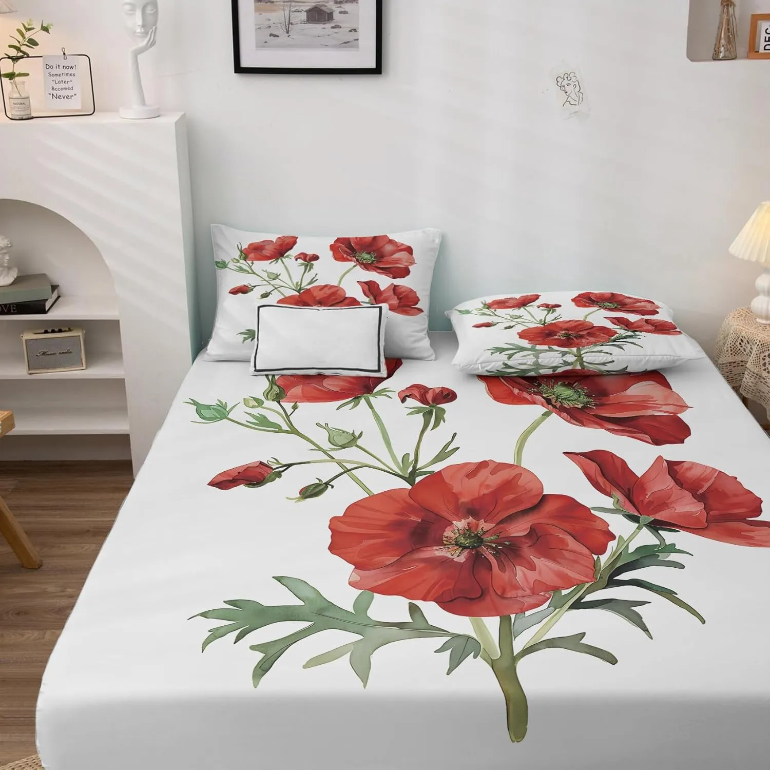Red Poppy Sheets California King Size Sheet Set, Floral Printed Bed Sheets 4 Piece, Popies Flower Pattern Bedding Sheets & Pillowcases, 14 Inch Deep Pocket, Super Soft Microfiber