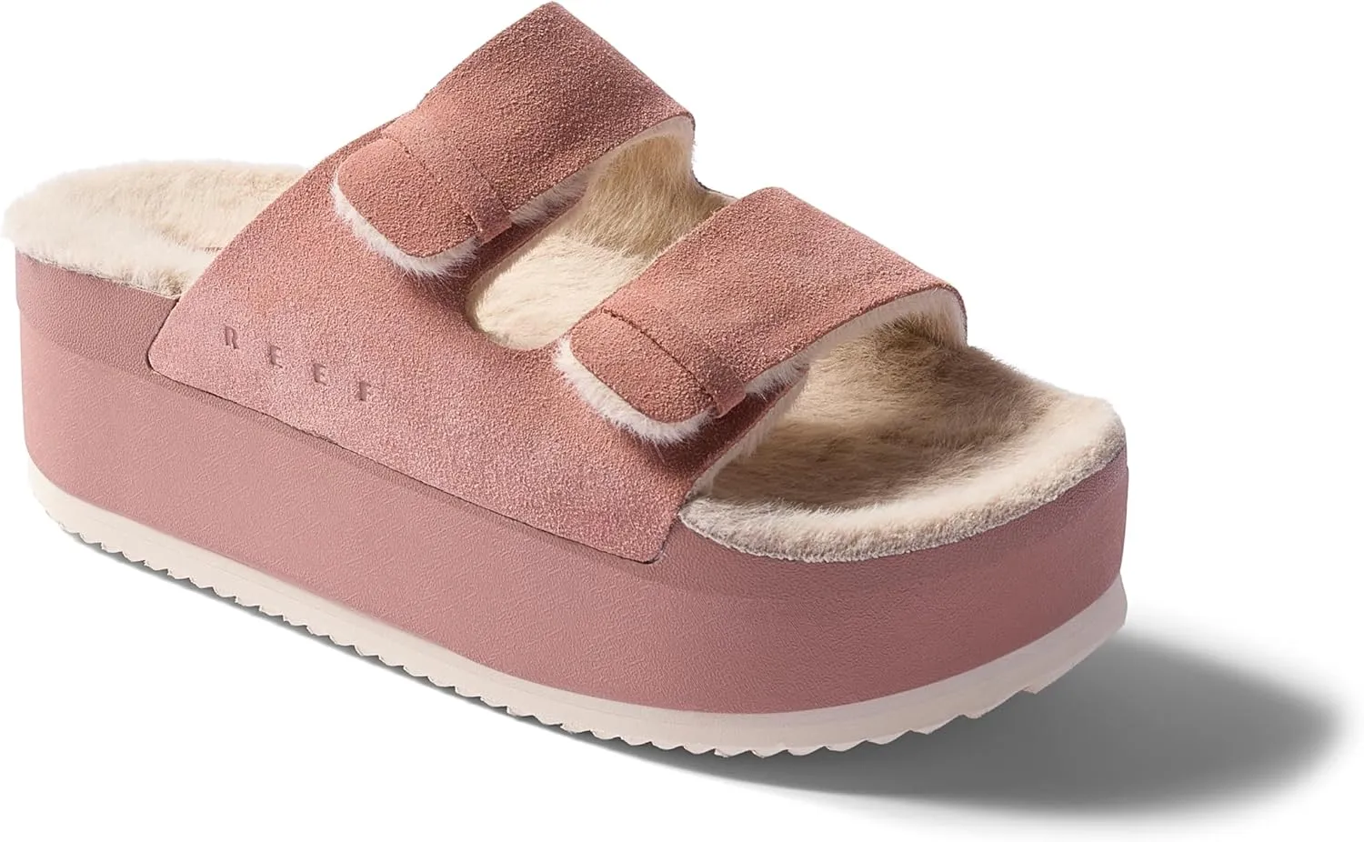 REEF Ojai Ciara Women's Platform Slide, Cozy Faux Fur Footbed, Full Grain Leather
