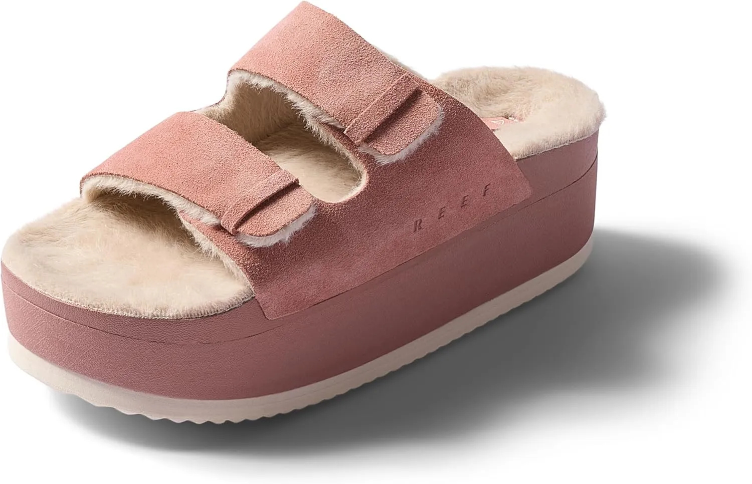 REEF Ojai Ciara Women's Platform Slide, Cozy Faux Fur Footbed, Full Grain Leather
