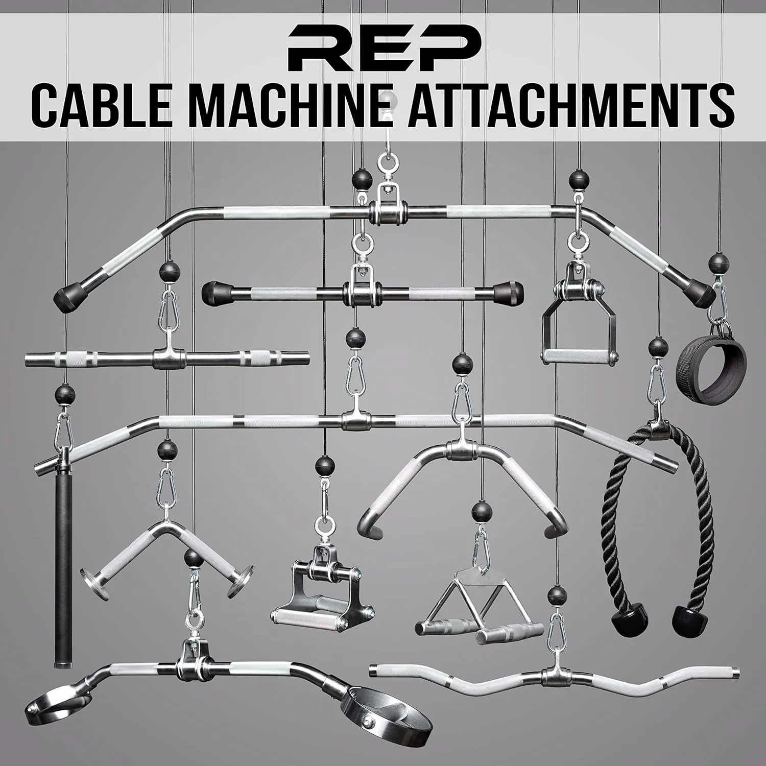 REP Fitness LAT Pulldown and Low Row Cable Machine Attachments and Functional Trainer Attachments – Curl Bar, D-Handle, Ankle Cuff, Tricep Rope, Sports Handle, Straight Bar, Row, Chinning Triangle