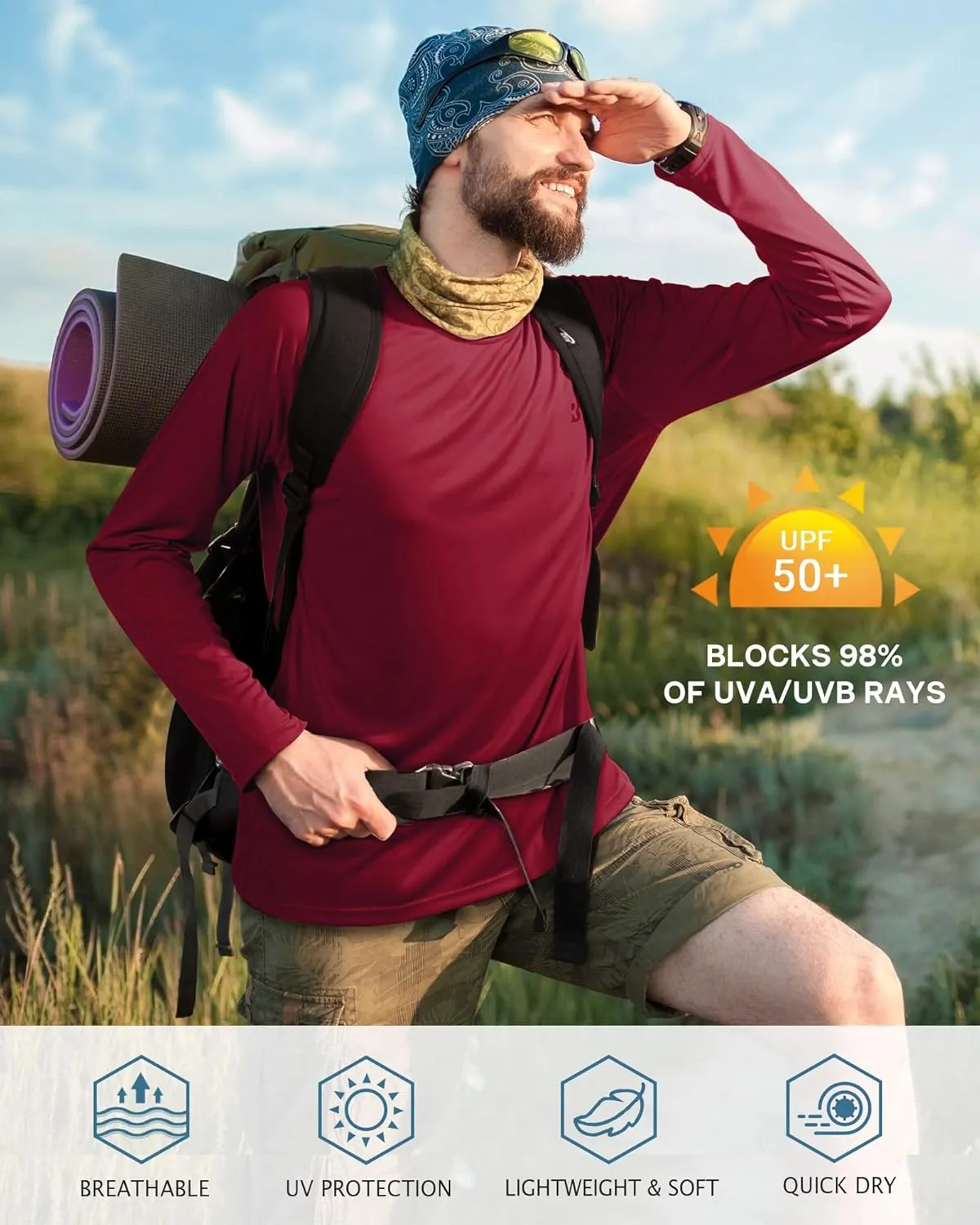 Roadbox Mens UPF 50  UV Sun Protection Shirts Outdoor Long Sleeve SPF Rash Guard for Fishing Hiking Swimming Running