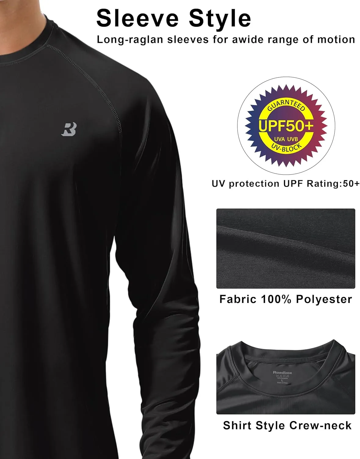 Roadbox Mens UPF 50  UV Sun Protection Shirts Outdoor Long Sleeve SPF Rash Guard for Fishing Hiking Swimming Running