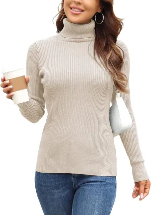 Rocorose Women's Ribbed Turtleneck Sweater Long Sleeve Knitted Solid Pullover