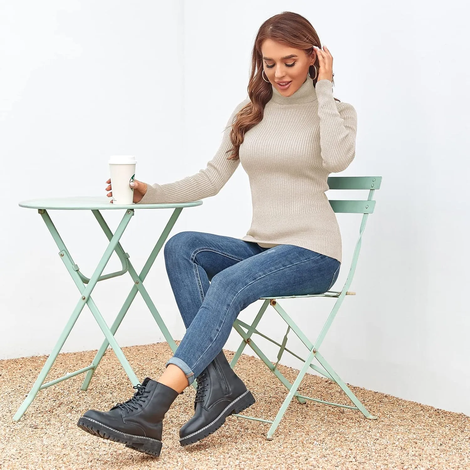 Rocorose Women's Ribbed Turtleneck Sweater Long Sleeve Knitted Solid Pullover